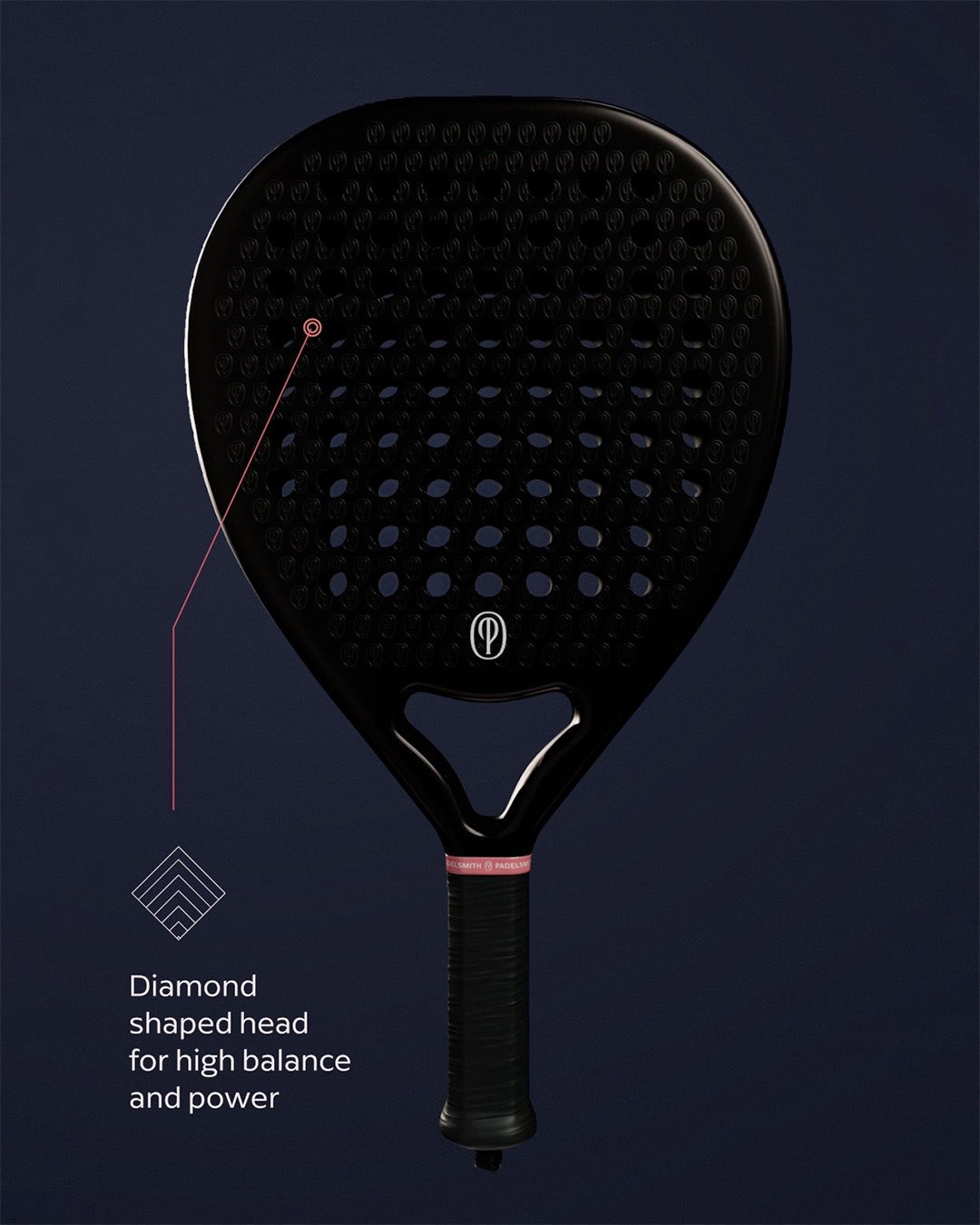 Black padel with diamond-shaped head on a dark background