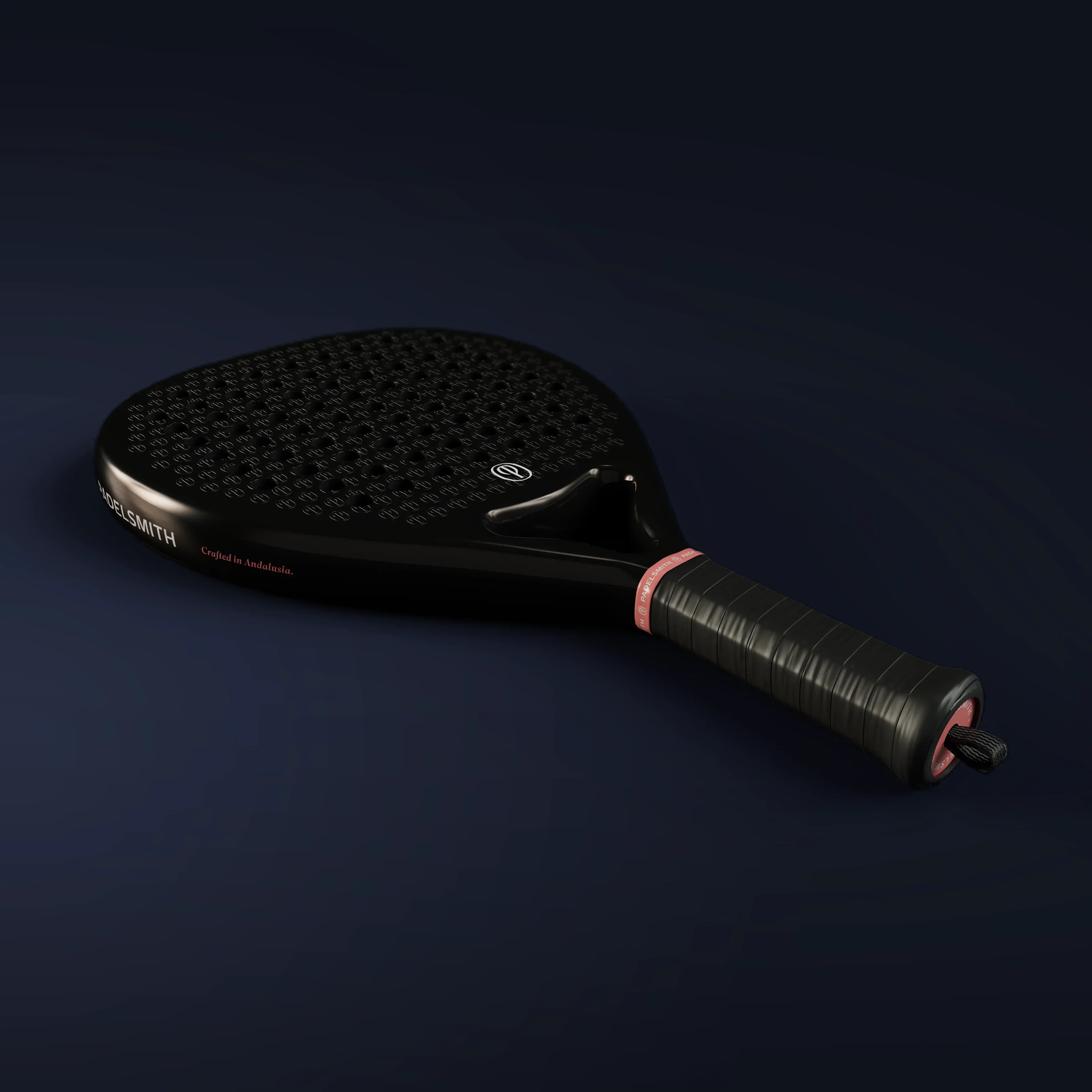 Premium black padel racket with textured 12K carbon surface and ergonomic grip on dark background