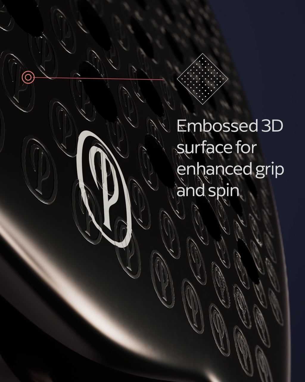 Close-up of a Padel racket head with embossed 3D surface and brand logo on a dark background.