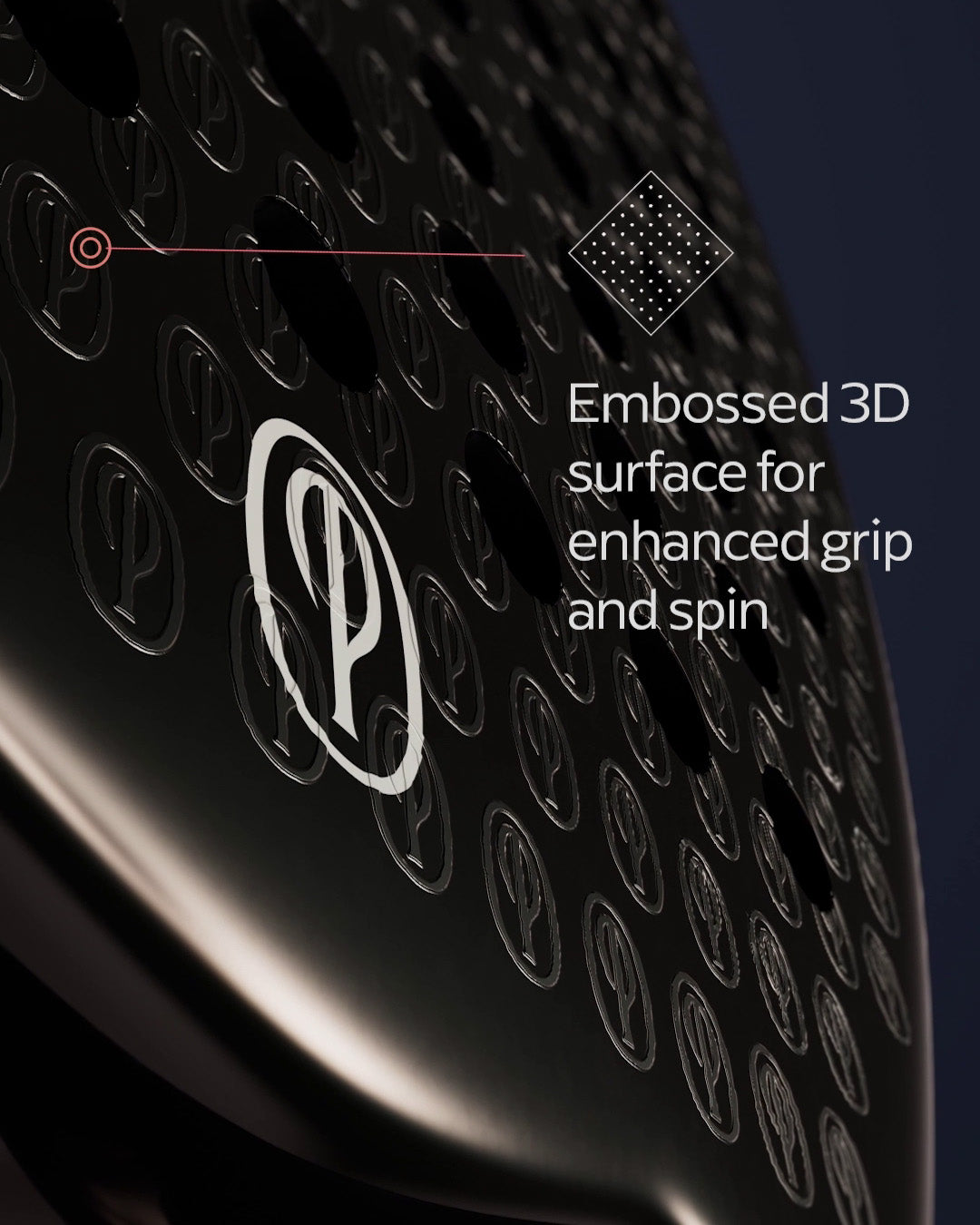 Close-up of a Padel racket head with embossed 3D surface and brand logo on a dark background.