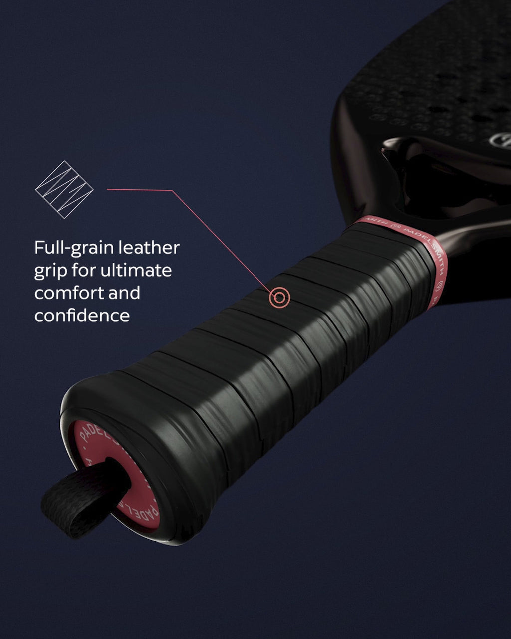 Close-up of a  paddle handle with full-grain leather grip on a dark background