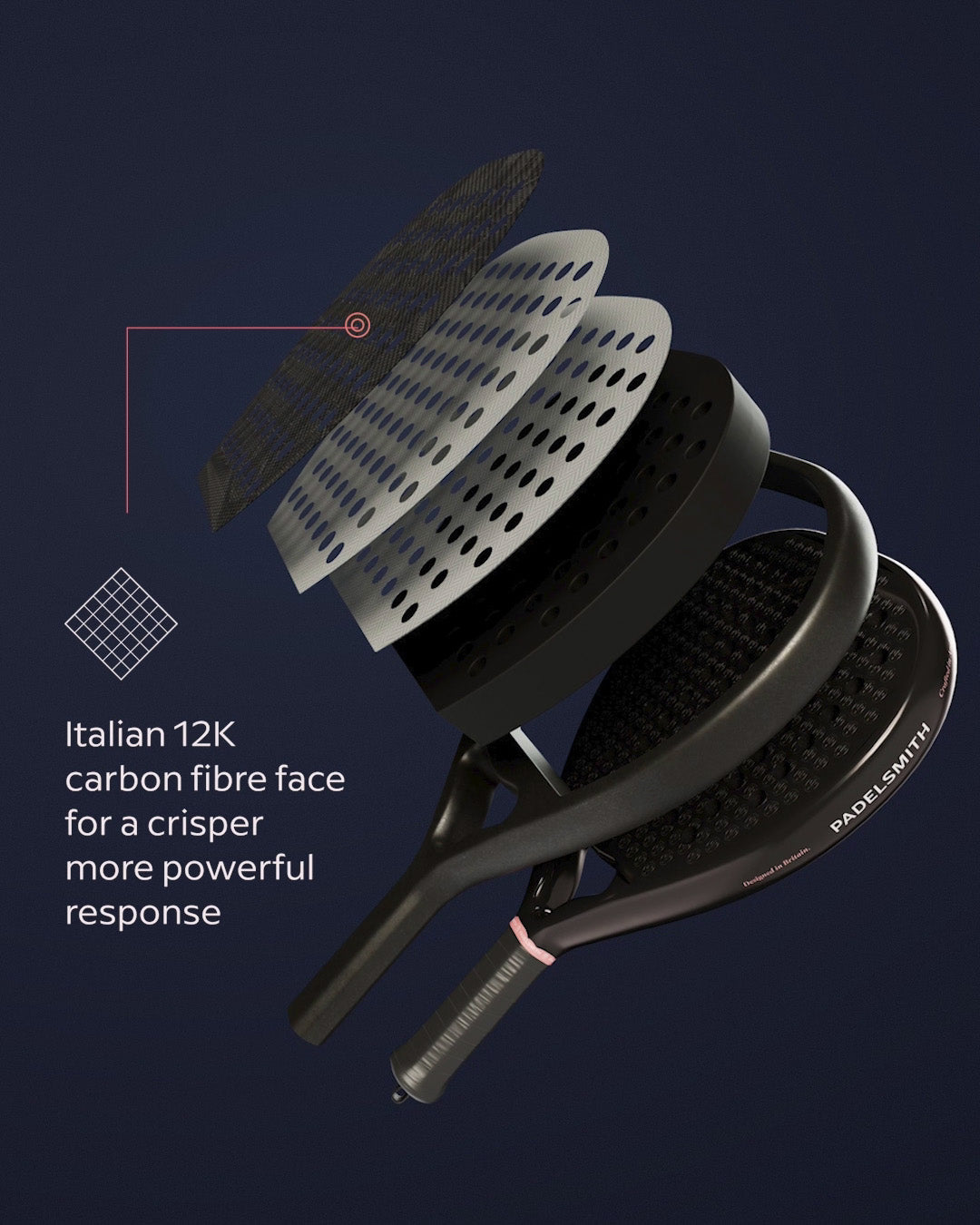 Padel racket with Italian 12K carbon fiber face on a dark background