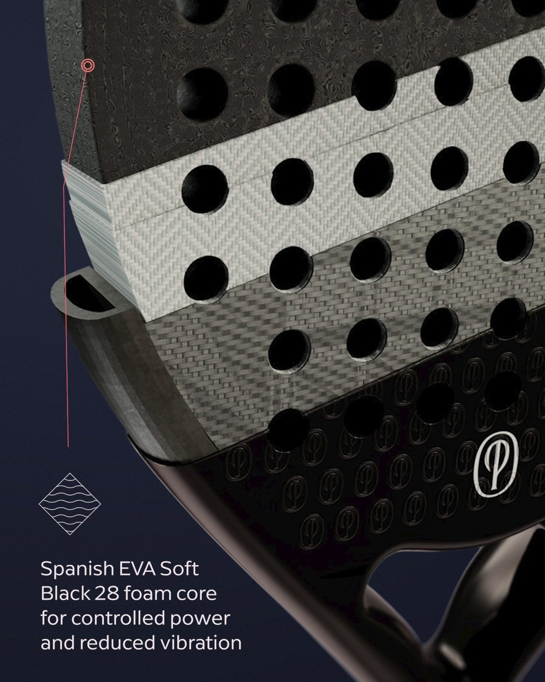 Close-up of a Padel racket with text about Spanish EVA Soft Black 28 foam core
