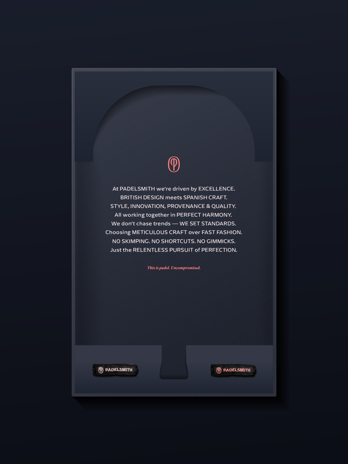 Padelsmith #1 padel racket packaging interior showing brand values and included coral and cream wristbands